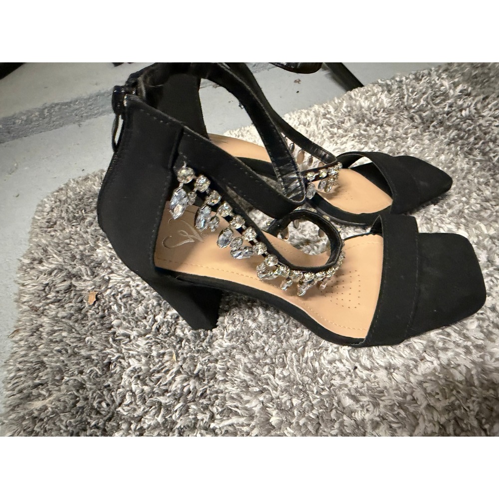 Windsor Black Rhinestone Embellished Ankle Strap Block Heel Sandals Size 8 - Picture 3 of 6